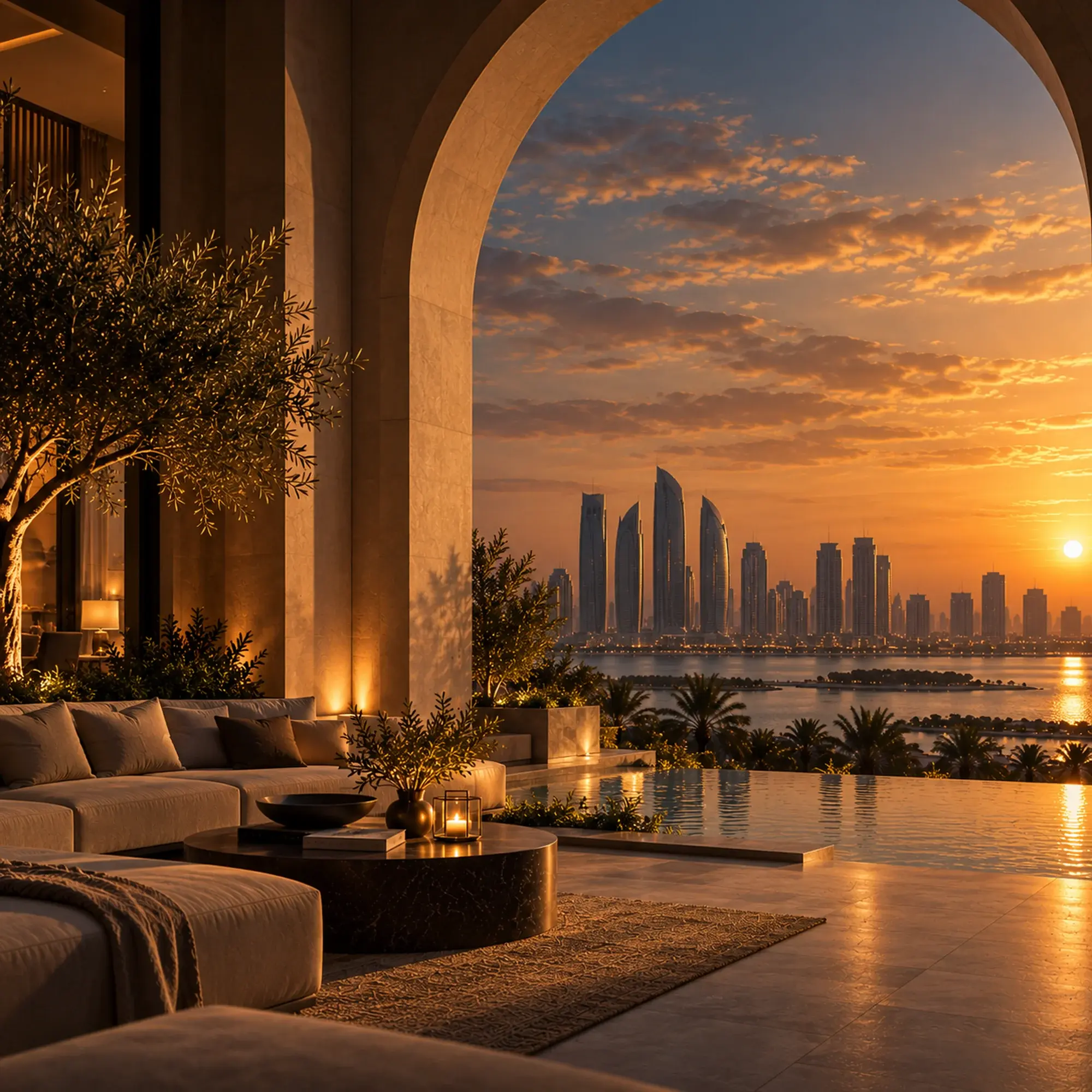 Lounge terrace opening through a stone arch onto the Abu Dhabi skyline at sunset