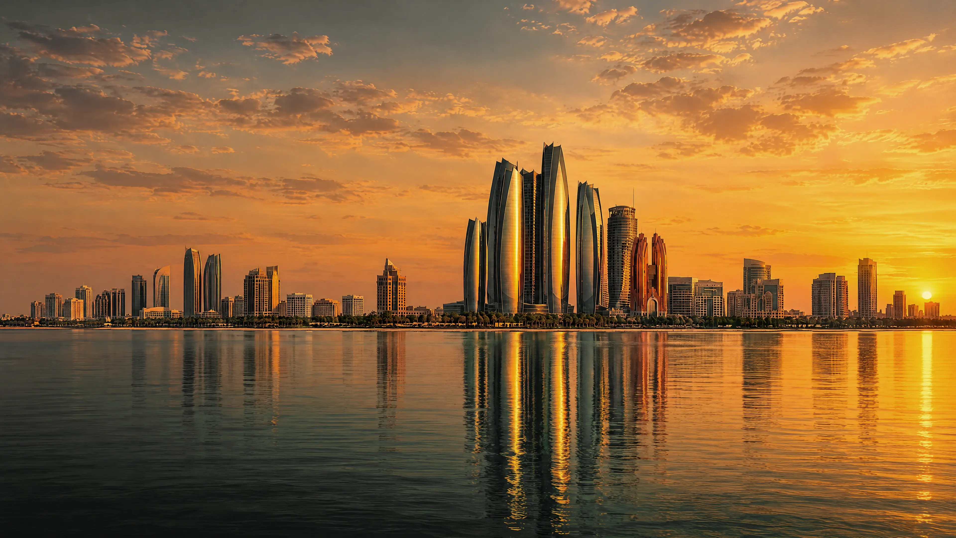 The Etihad Towers and the Abu Dhabi Corniche skyline reflected in the Gulf at sunset