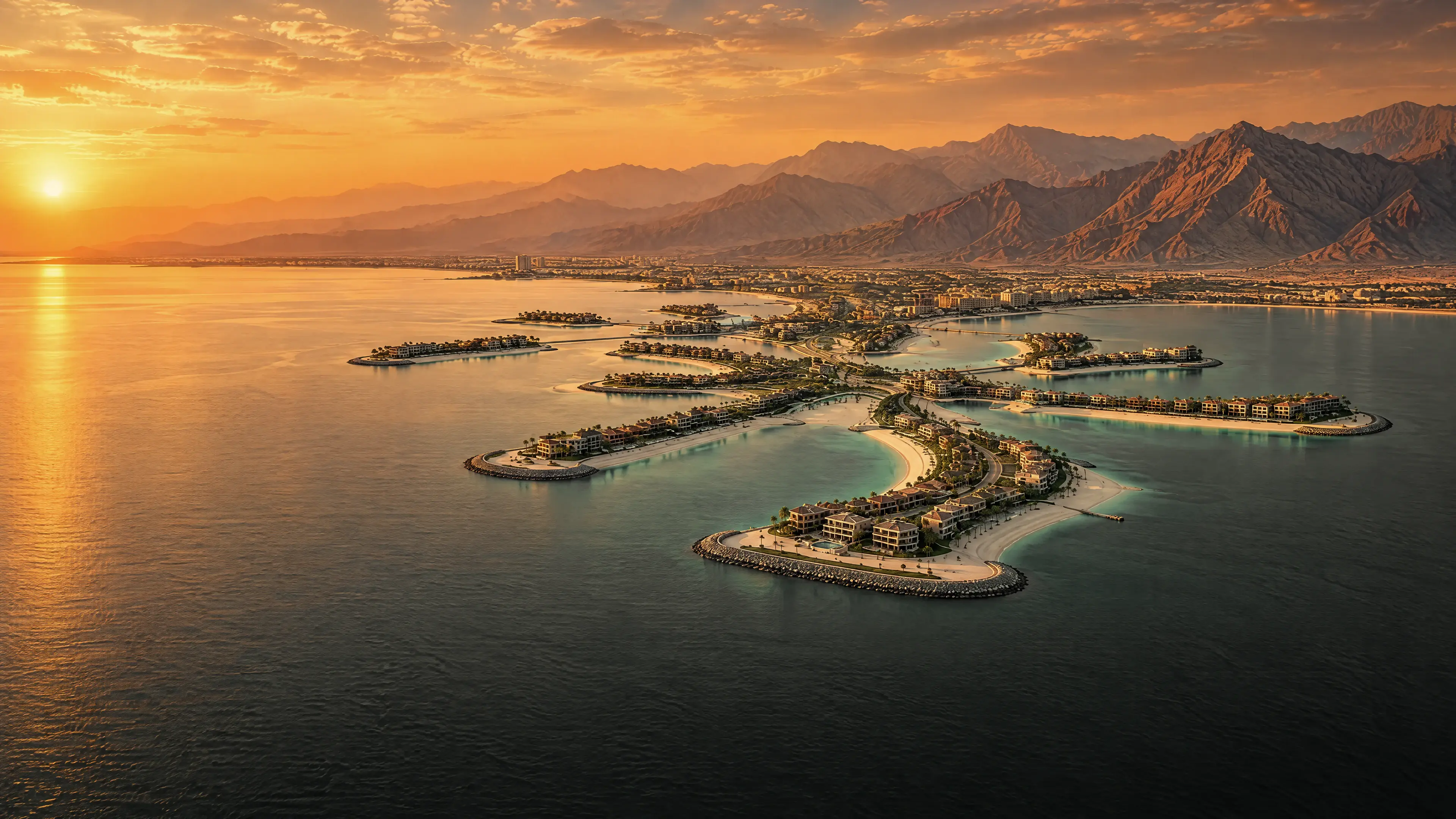 Al Marjan Island and the Hajar mountains of Ras Al Khaimah at dusk