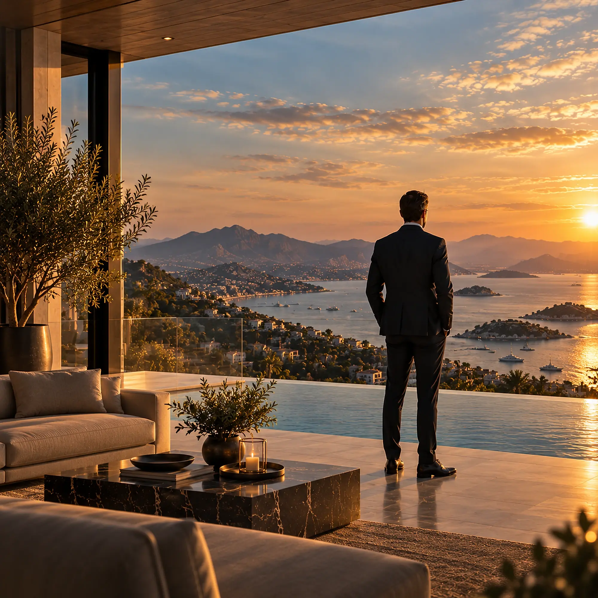 Man in a suit on a hillside terrace overlooking a coastline and islands at sunset