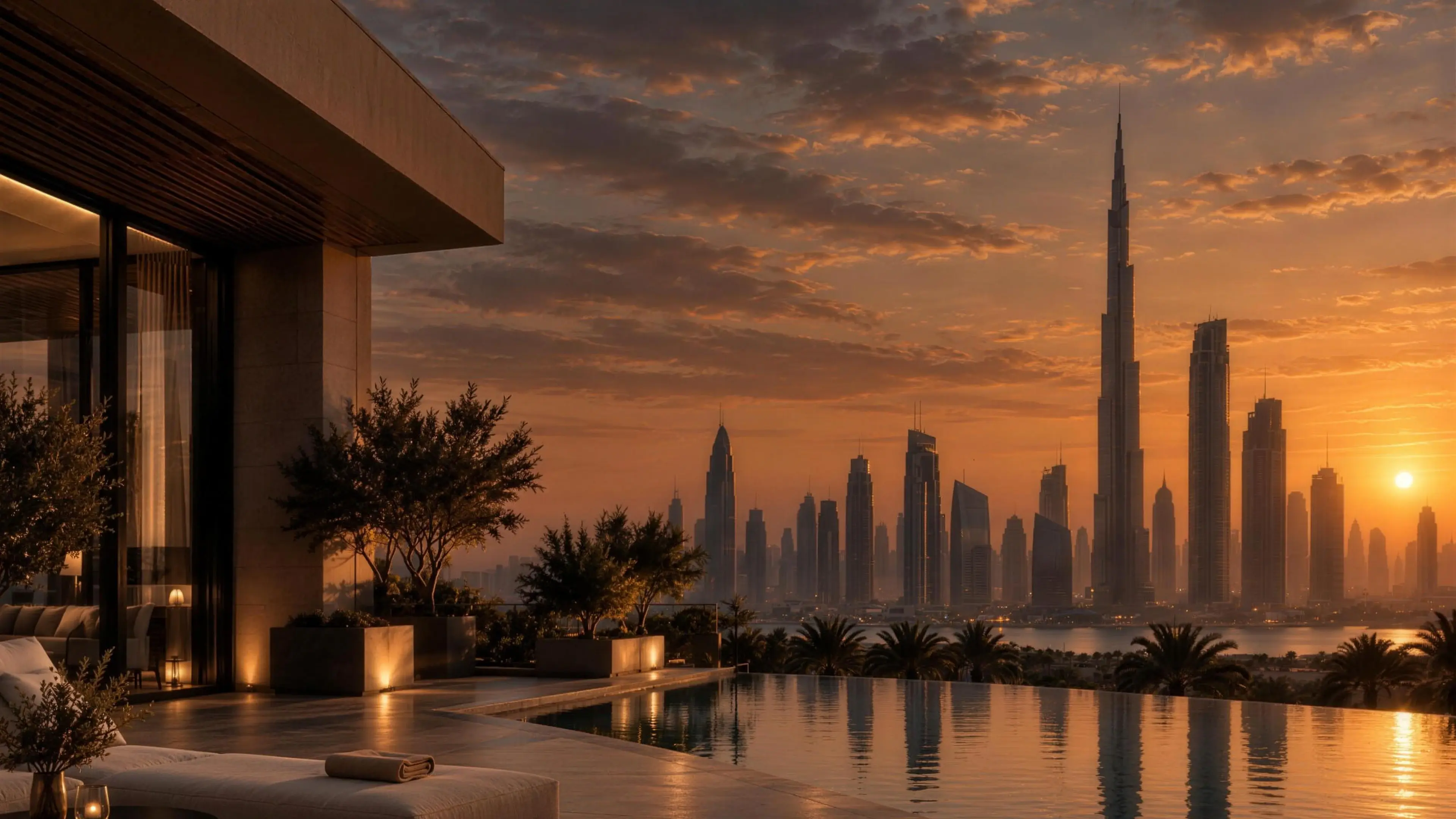 A residence terrace overlooking the Dubai skyline and the Burj Khalifa at sunset