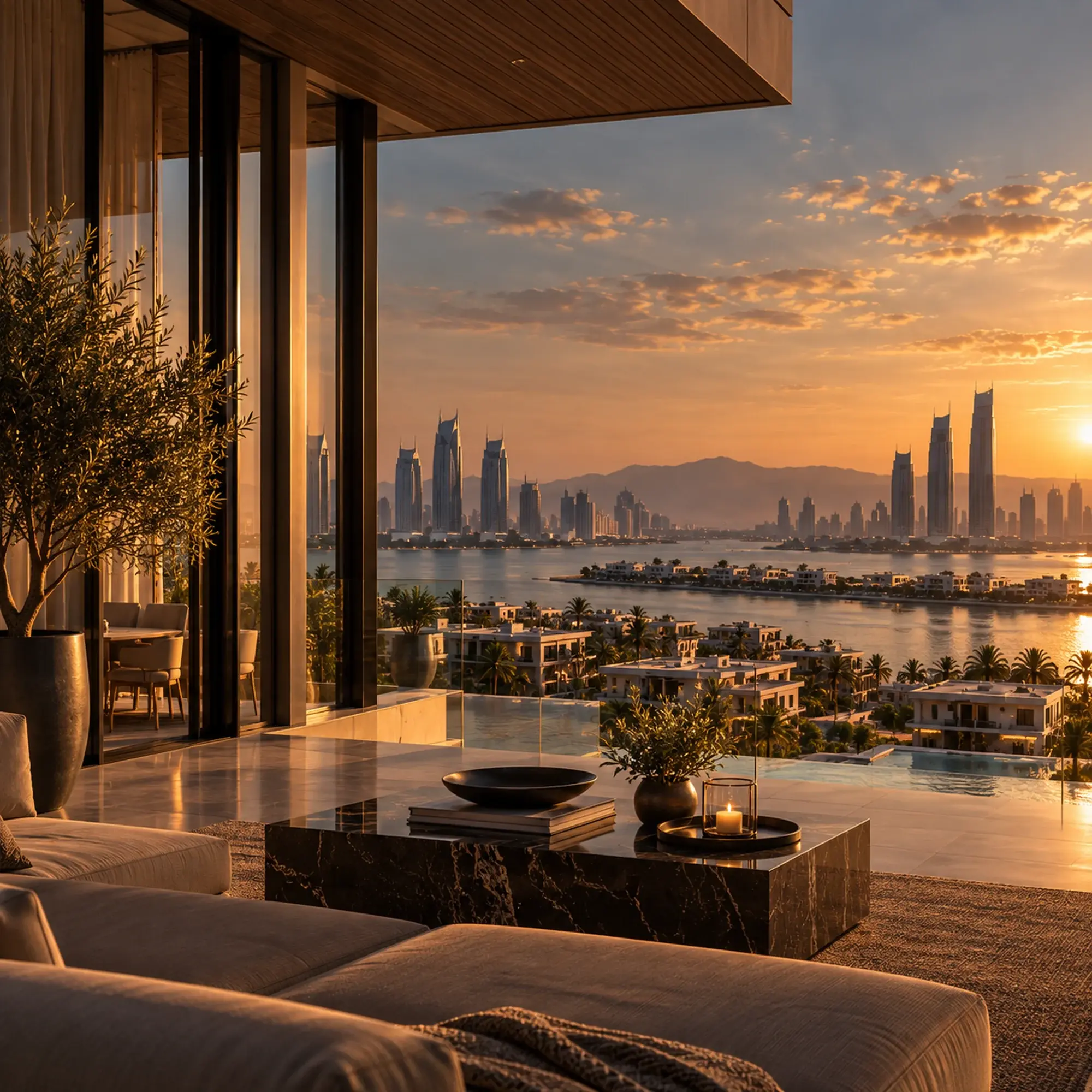 Living room with floor-to-ceiling glass overlooking waterfront villas and the city skyline at sunset