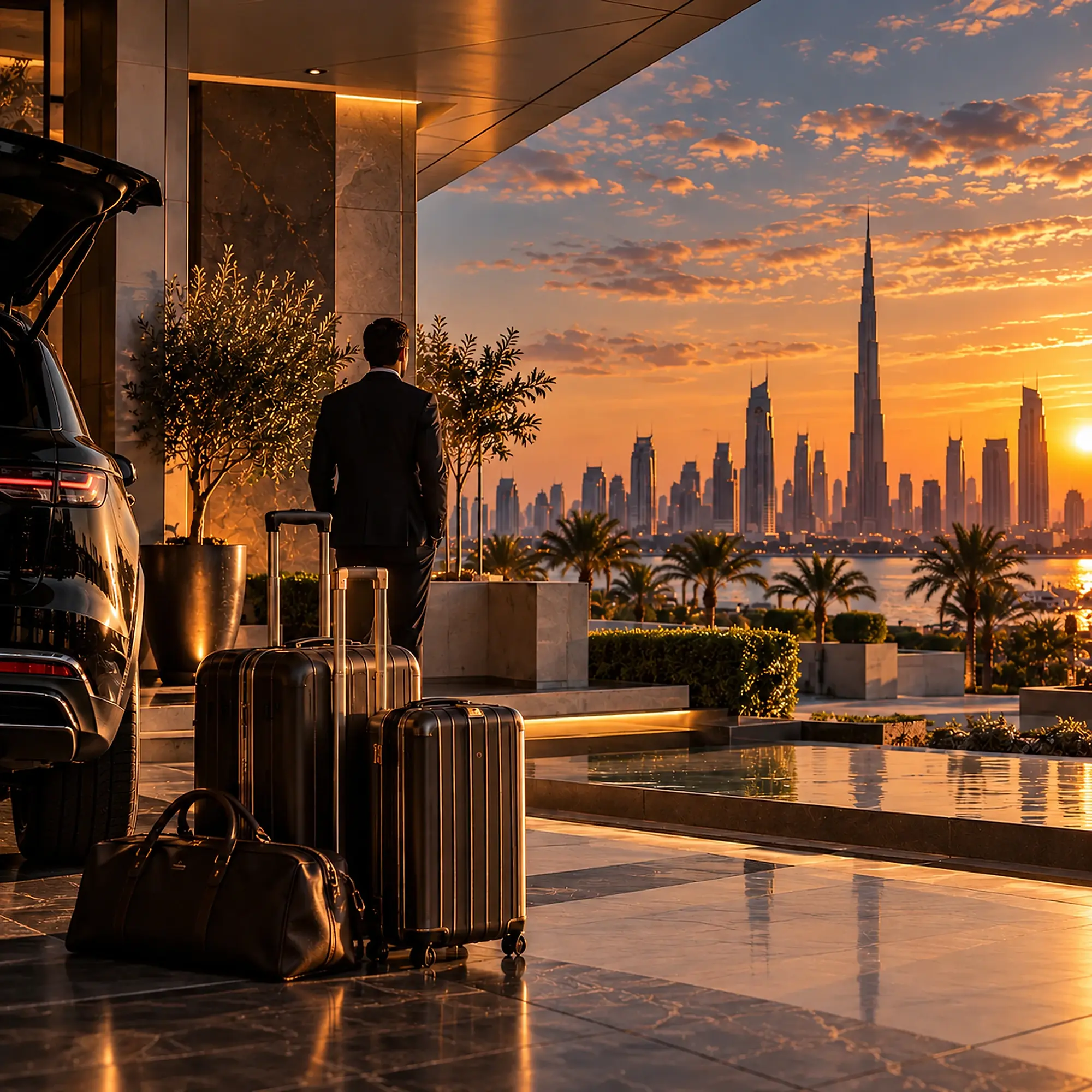 Arrival with luggage at a residence entrance overlooking the Dubai skyline at sunset