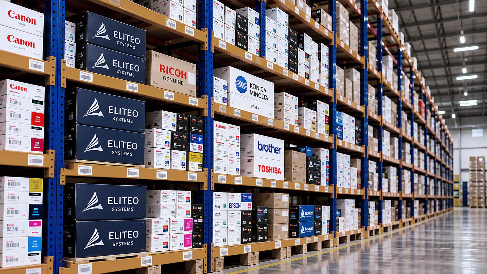 Shelves of original toner and ink cartridges
