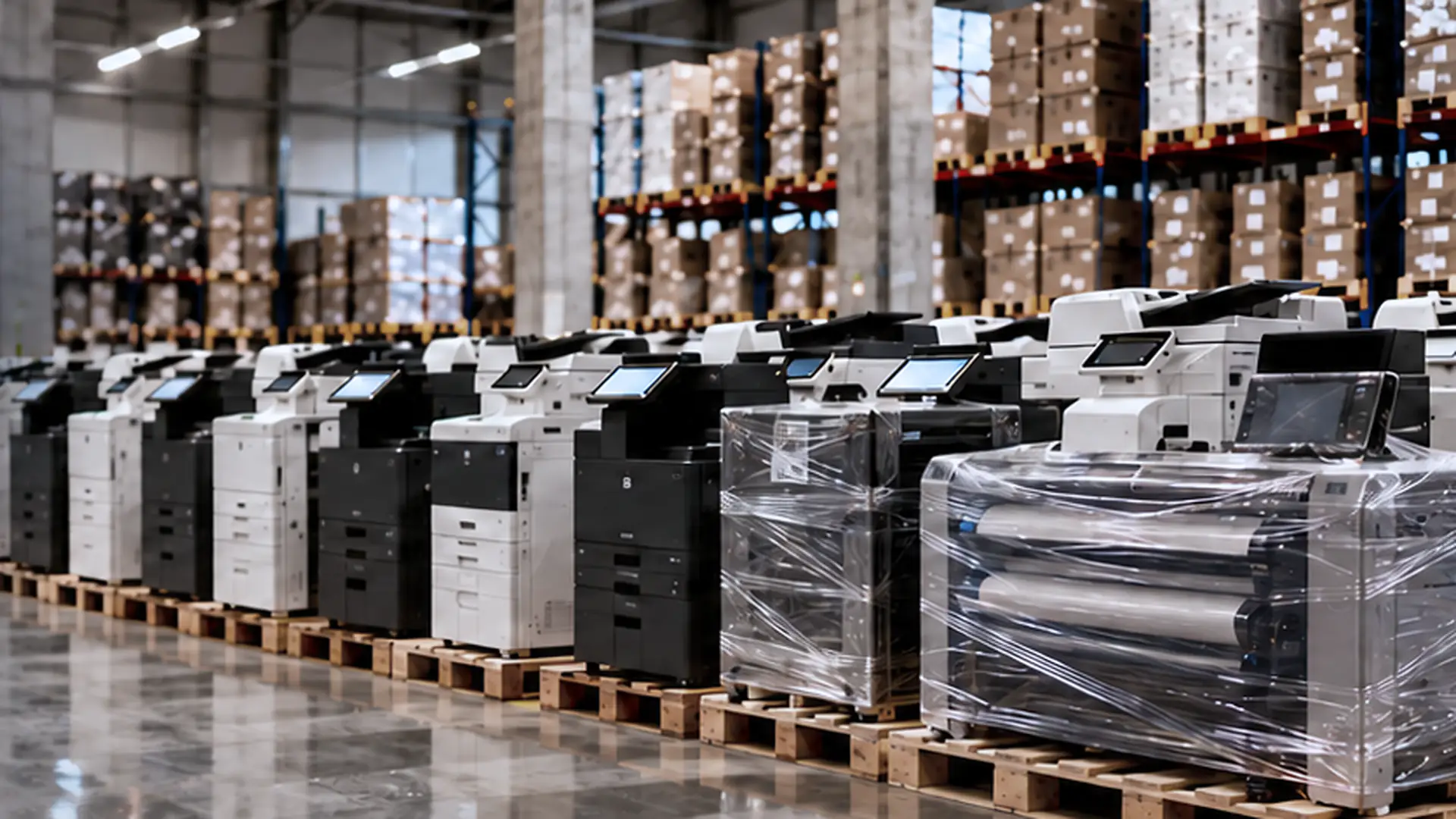 Rows of copiers and multifunction devices on pallets