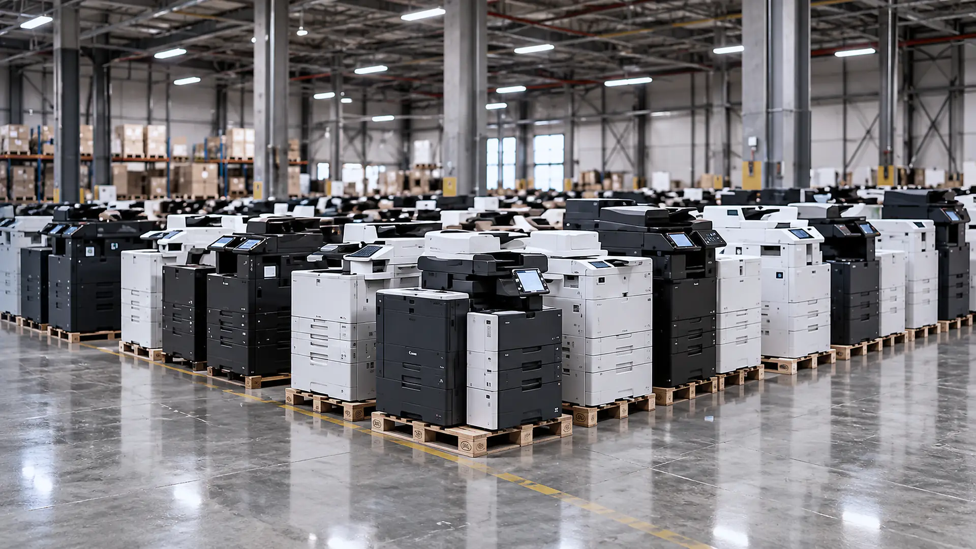 Rows of office equipment on pallets in a European warehouse