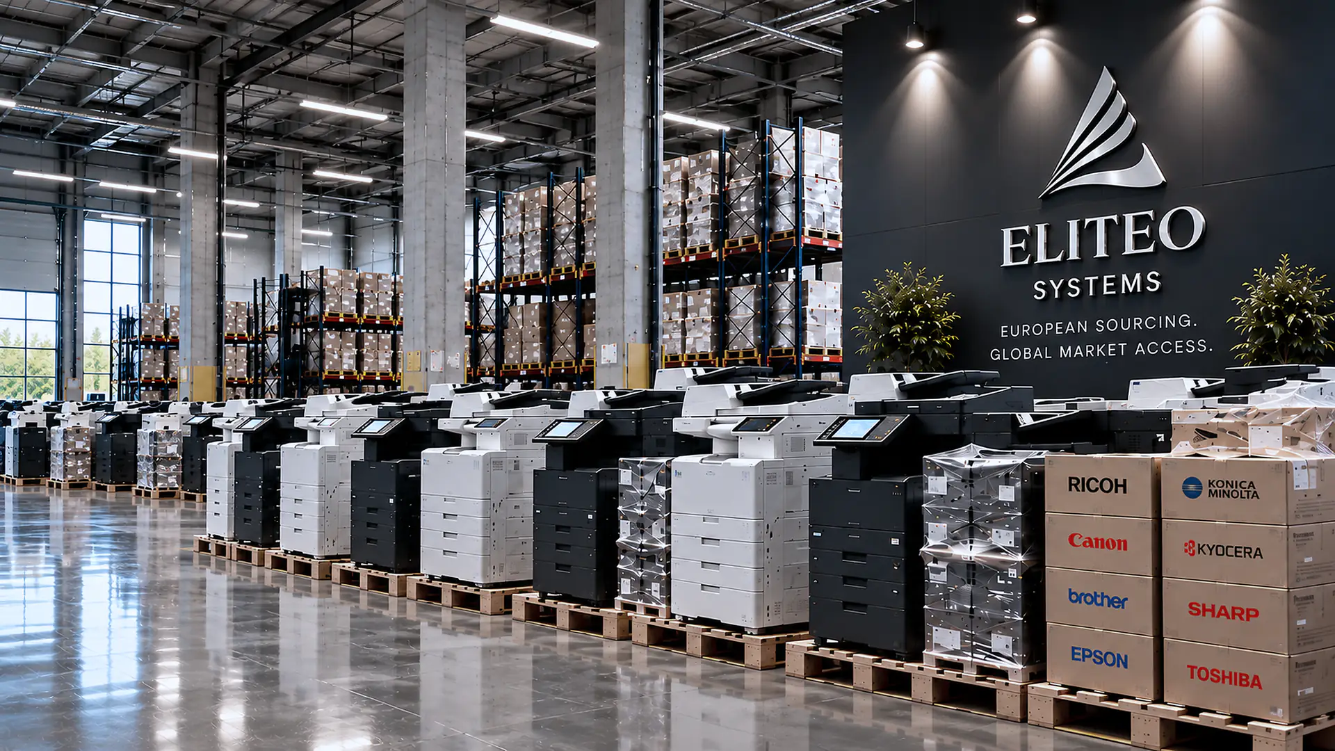 Office equipment and consumables on pallets in a European warehouse