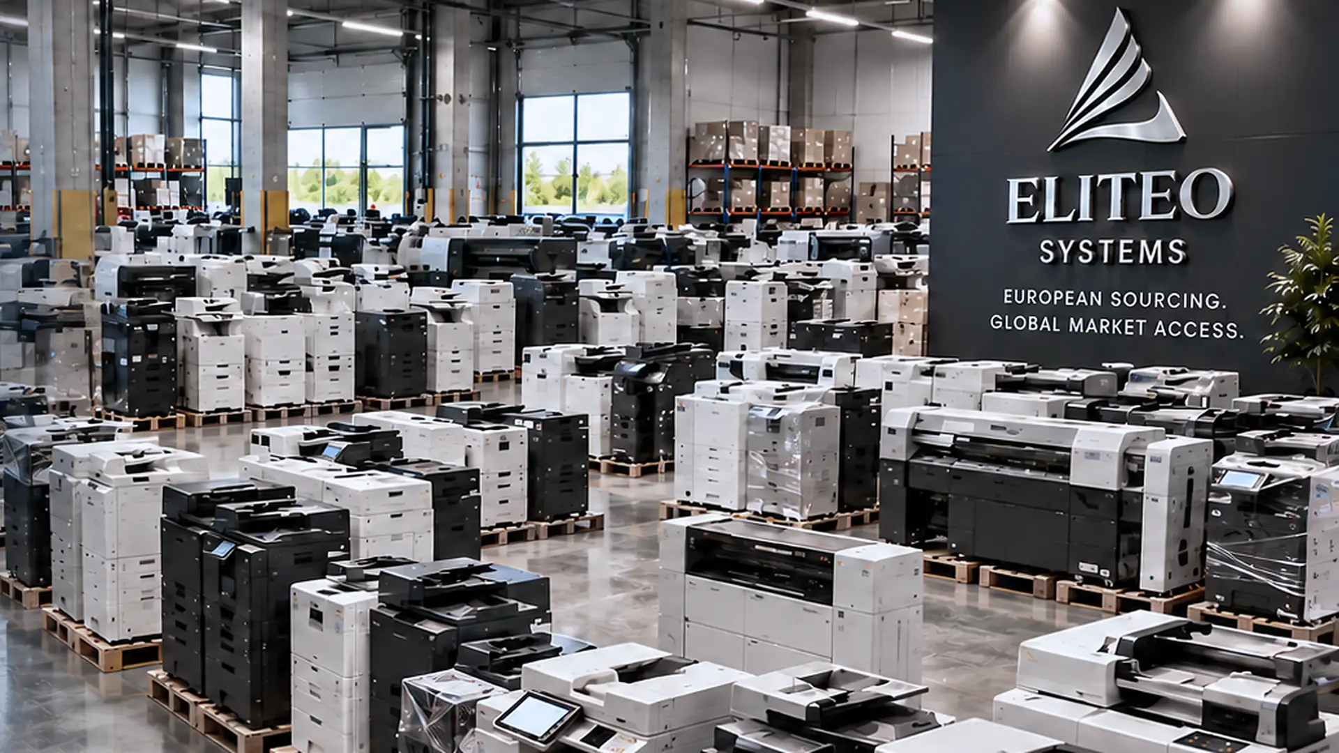 Rows of copiers, printers and plotters on pallets in a European warehouse