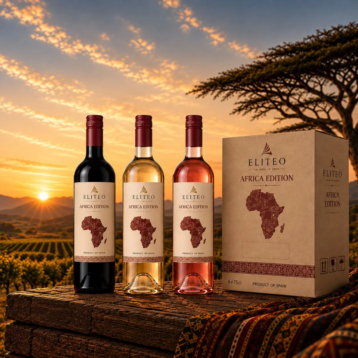 Eliteo Africa Edition range — red, white and rosé with 6-bottle export carton