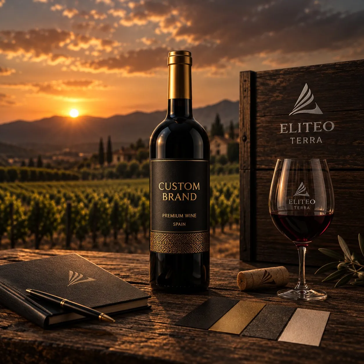 Custom Brand premium wine bottle with bespoke label, colour swatches and Eliteo Terra presentation case in a Spanish vineyard