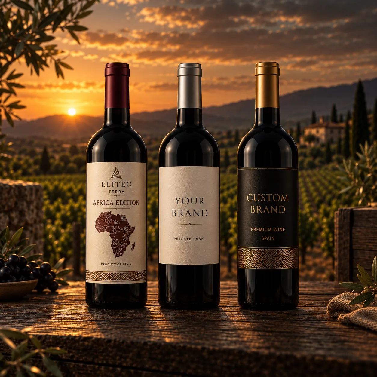 Three Eliteo Terra routes to market: Eliteo Africa Edition, a blank Private Label bottle, and a Custom Brand bottle, on a Spanish vineyard at sunset