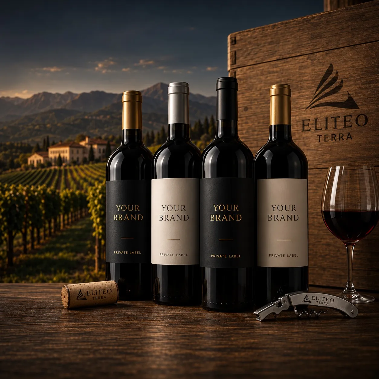 Private label wine bottles with blank customer-brand labels, Eliteo Terra export case
